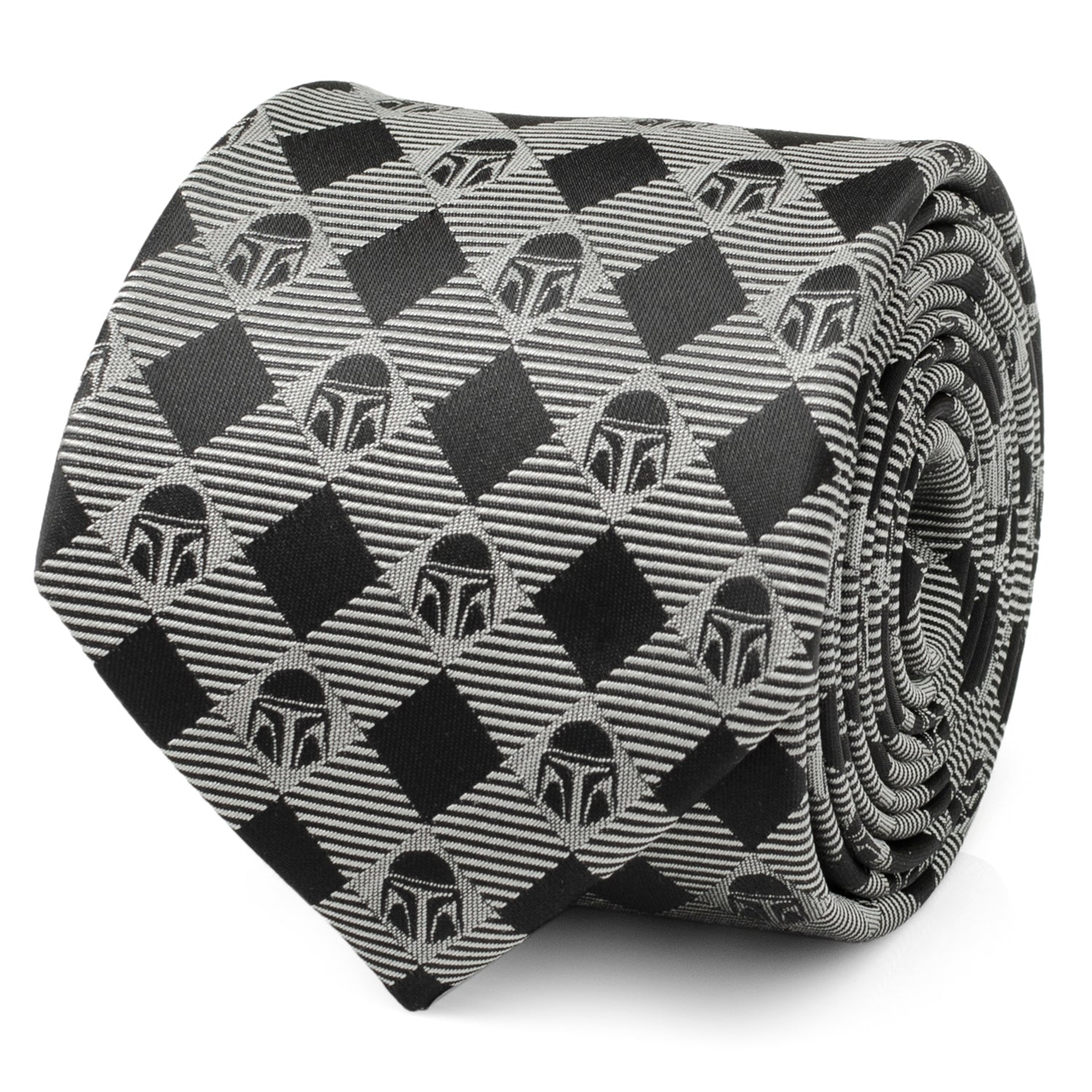 A rolled black and gray plaid tie featuring small Star Wars Mandalorian helmet icons.