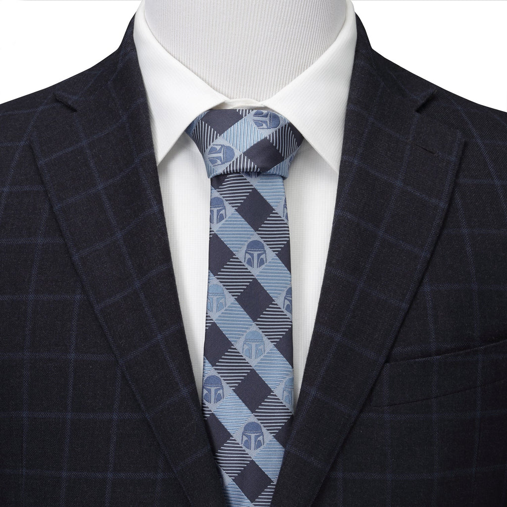 Star Wars Mandalorian Helmet Plaid Necktie in Blue and Black - Image 2