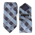Blue and black plaid necktie featuring small Mandalorian helmet icons throughout, displayed with the phrase This Is The Way on the reverse.