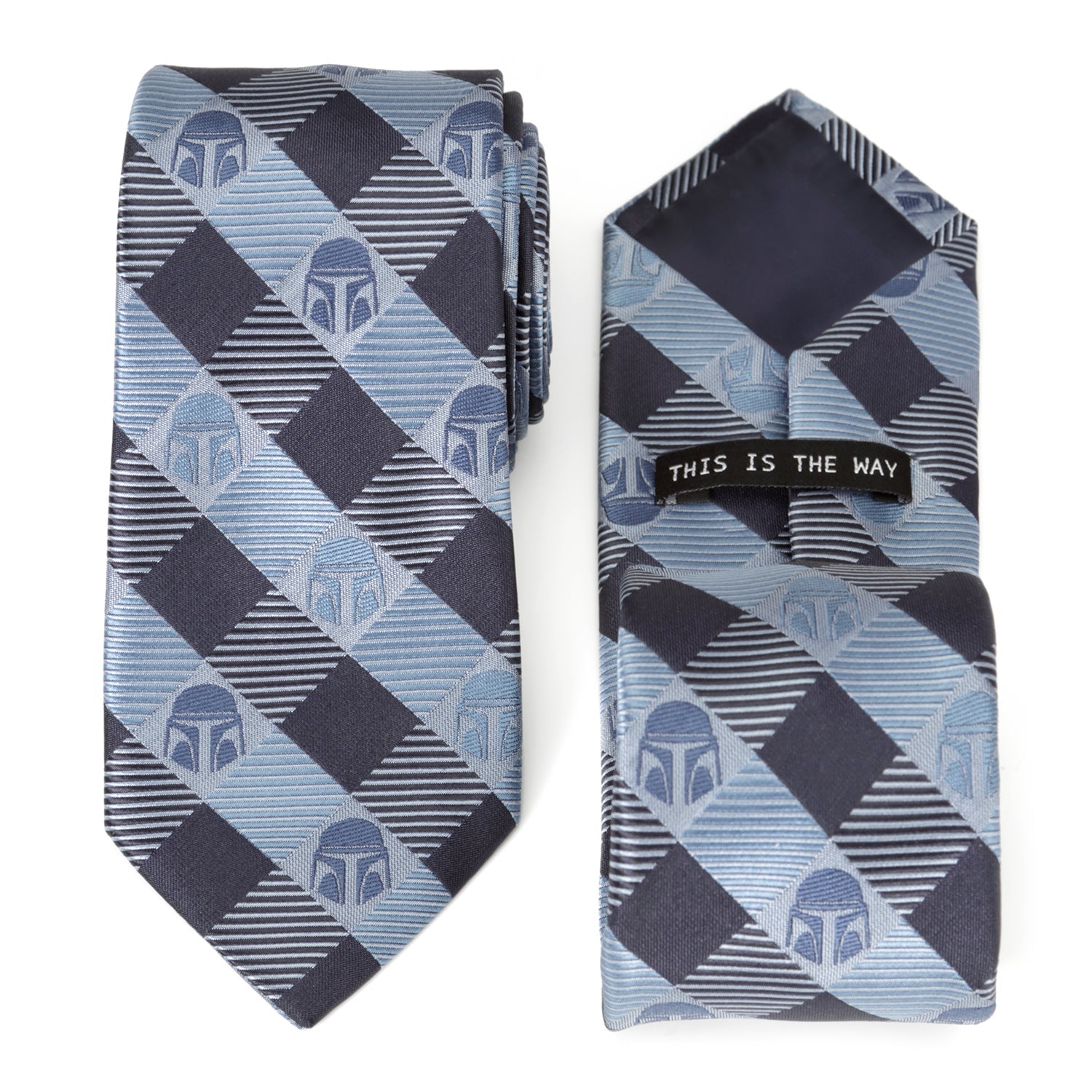 Blue and black plaid necktie featuring small Mandalorian helmet icons throughout, displayed with the phrase This Is The Way on the reverse.