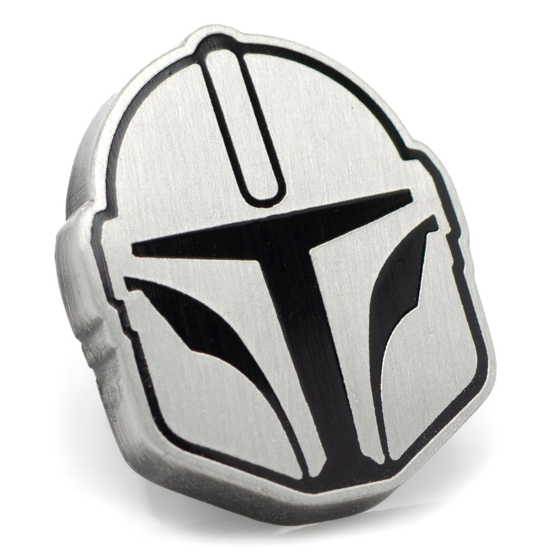 A silver and black Mandalorian helmet lapel pin with a secure deluxe clutch backing.