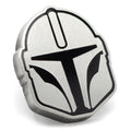 A silver and black Mandalorian helmet lapel pin with a secure deluxe clutch backing.
