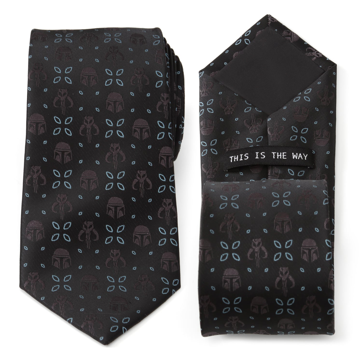 Close up of a black necktie with Mandalorian helmet and Mythosaur skull motifs in black with electric blue floral accents.