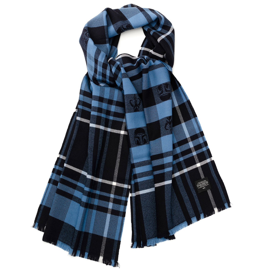 Blue and black tartan scarf featuring stitched Star Wars Mandalorian helmet and Mythosaur sigil details