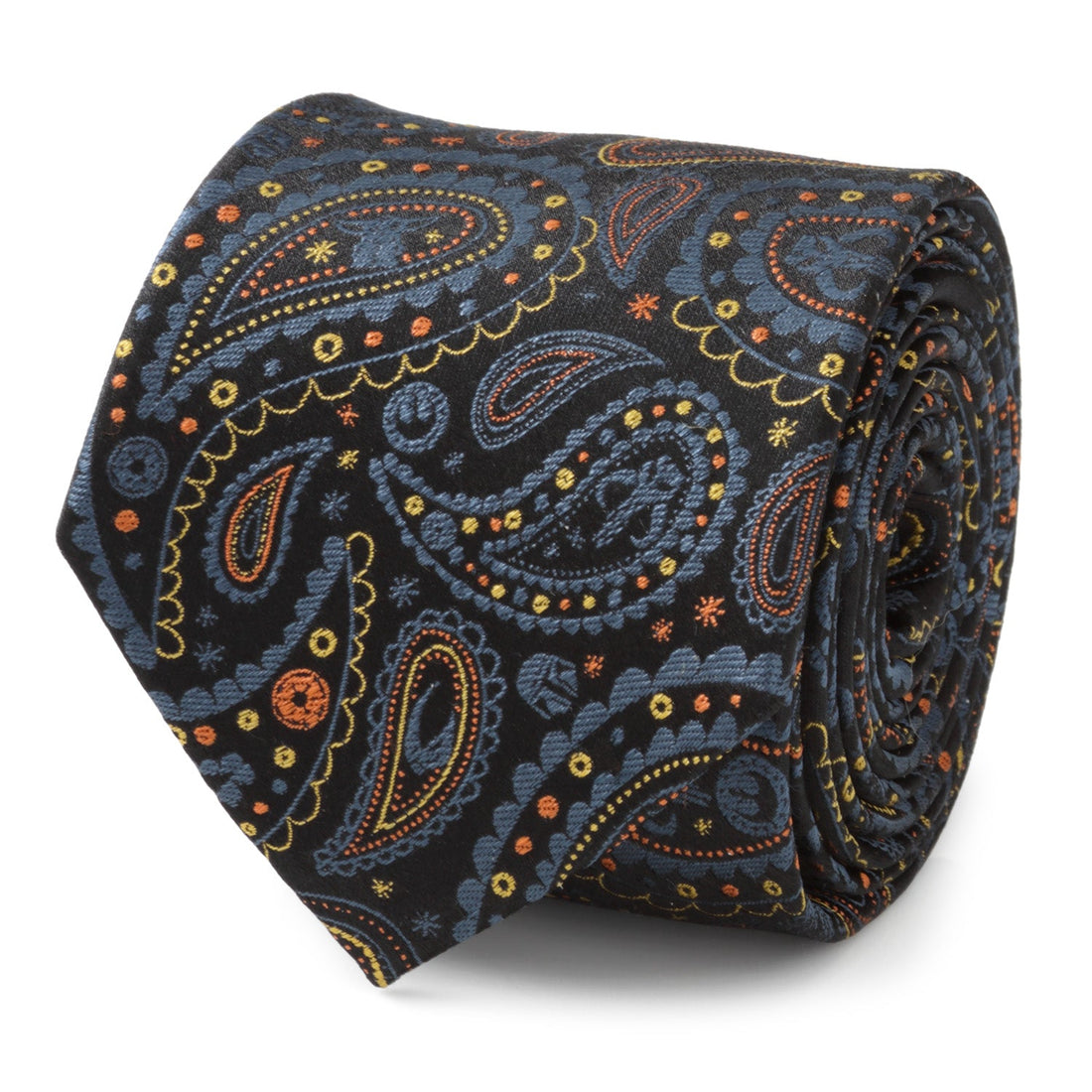 Close up of Star Wars Mandalorian black paisley tie with navy, yellow, and orange stitching details.
