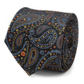Close up of Star Wars Mandalorian black paisley tie with navy, yellow, and orange stitching details.