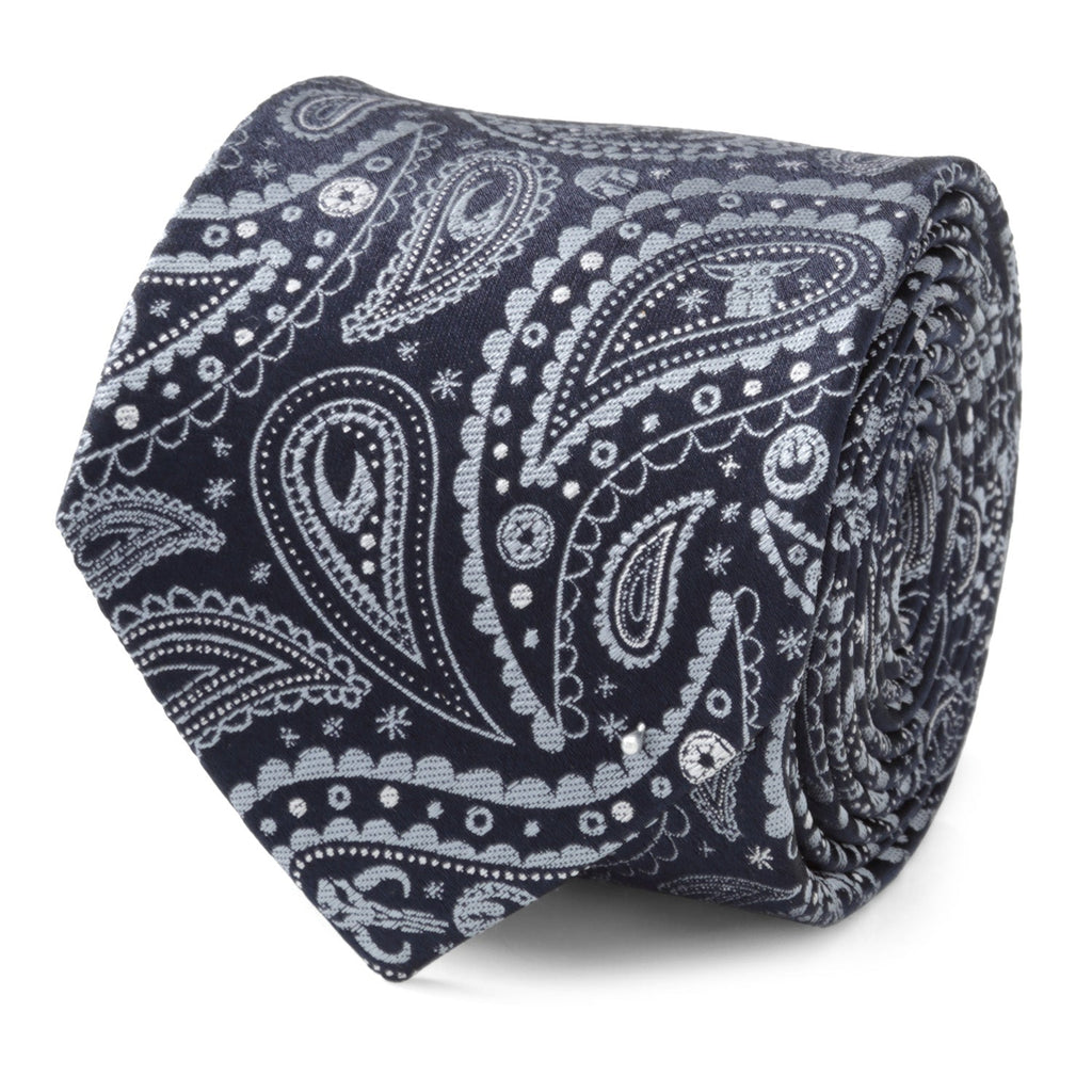 A rolled midnight and sky blue silk tie featuring a paisley pattern with hidden Star Wars Mandalorian symbols.