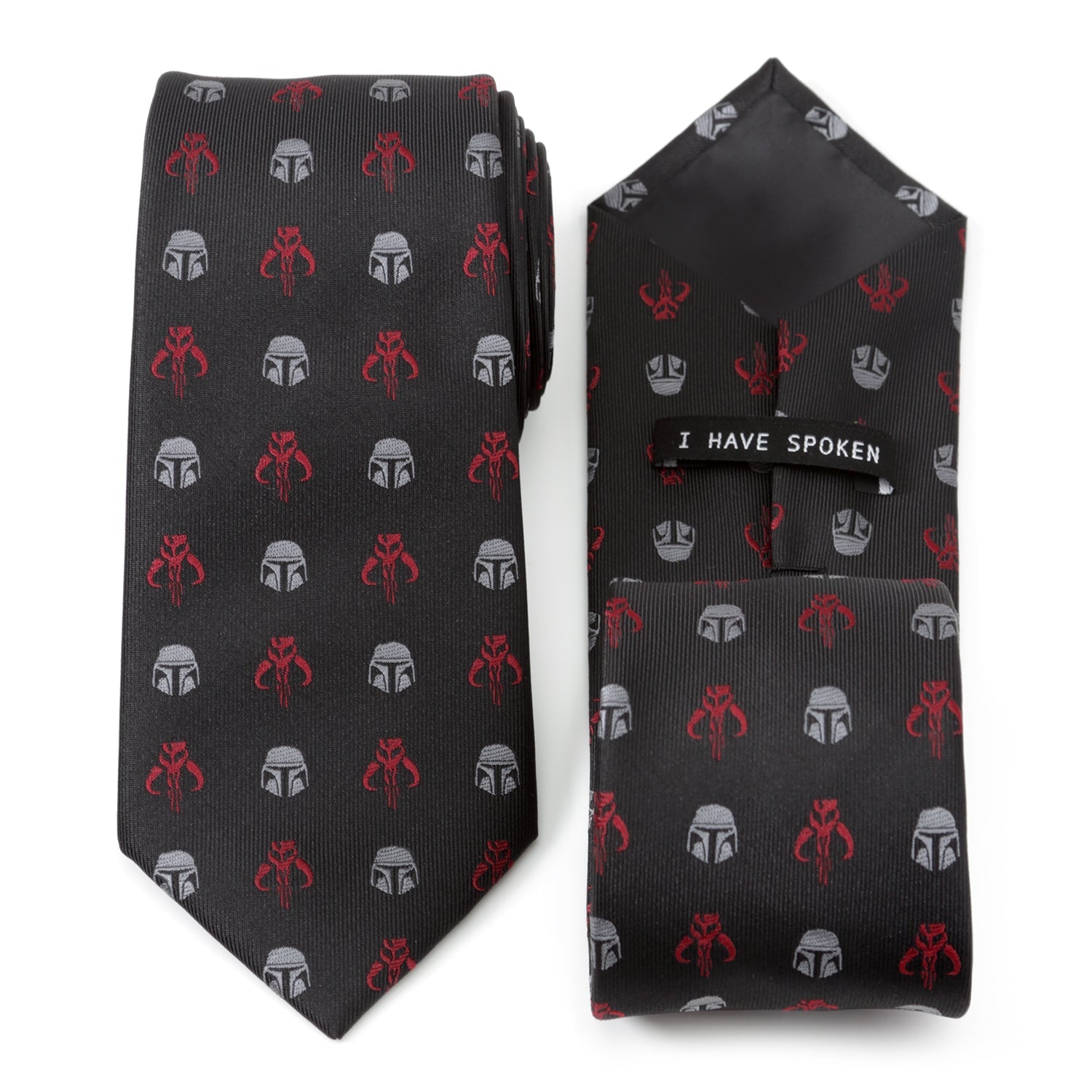 Close up of Star Wars Mandalorian necktie with red Mythosaur and silver helmet pattern on black fabric