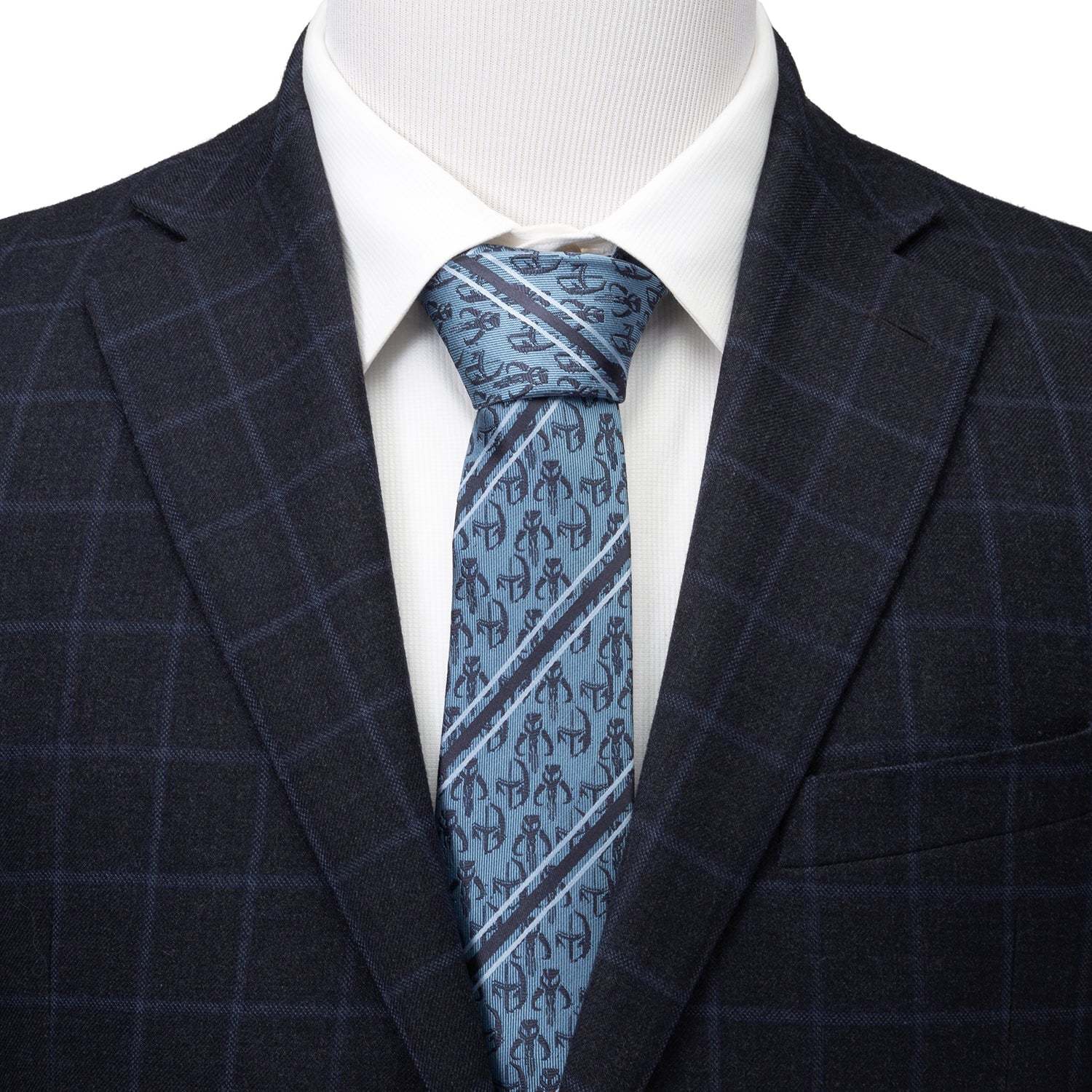 Star Wars Mandalorian and Mythosaur Striped Tie in Blue and Navy - Image 2