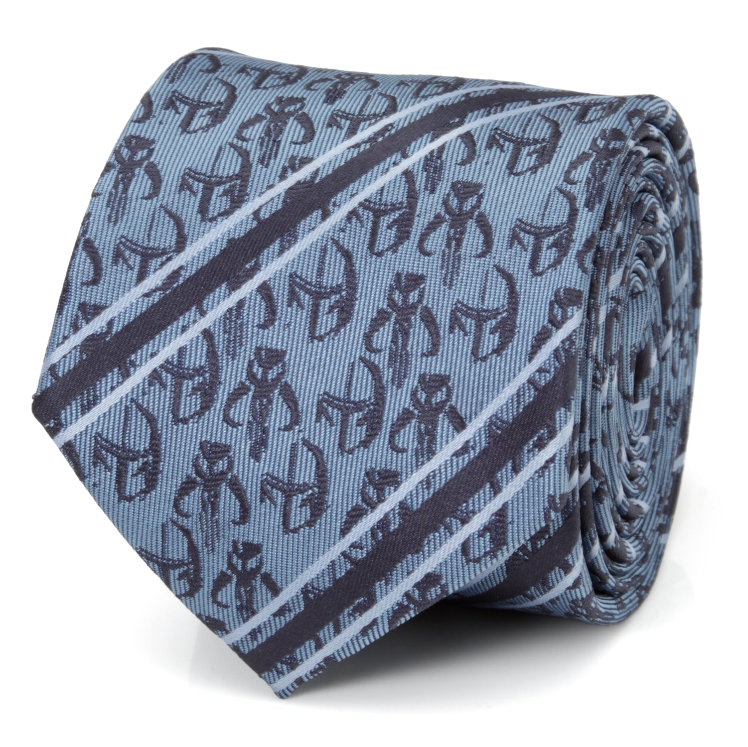 A close-up of a blue and navy Star Wars necktie featuring Mandalorian helmet and Mythosaur skull patterns, displayed tied on a dress shirt.