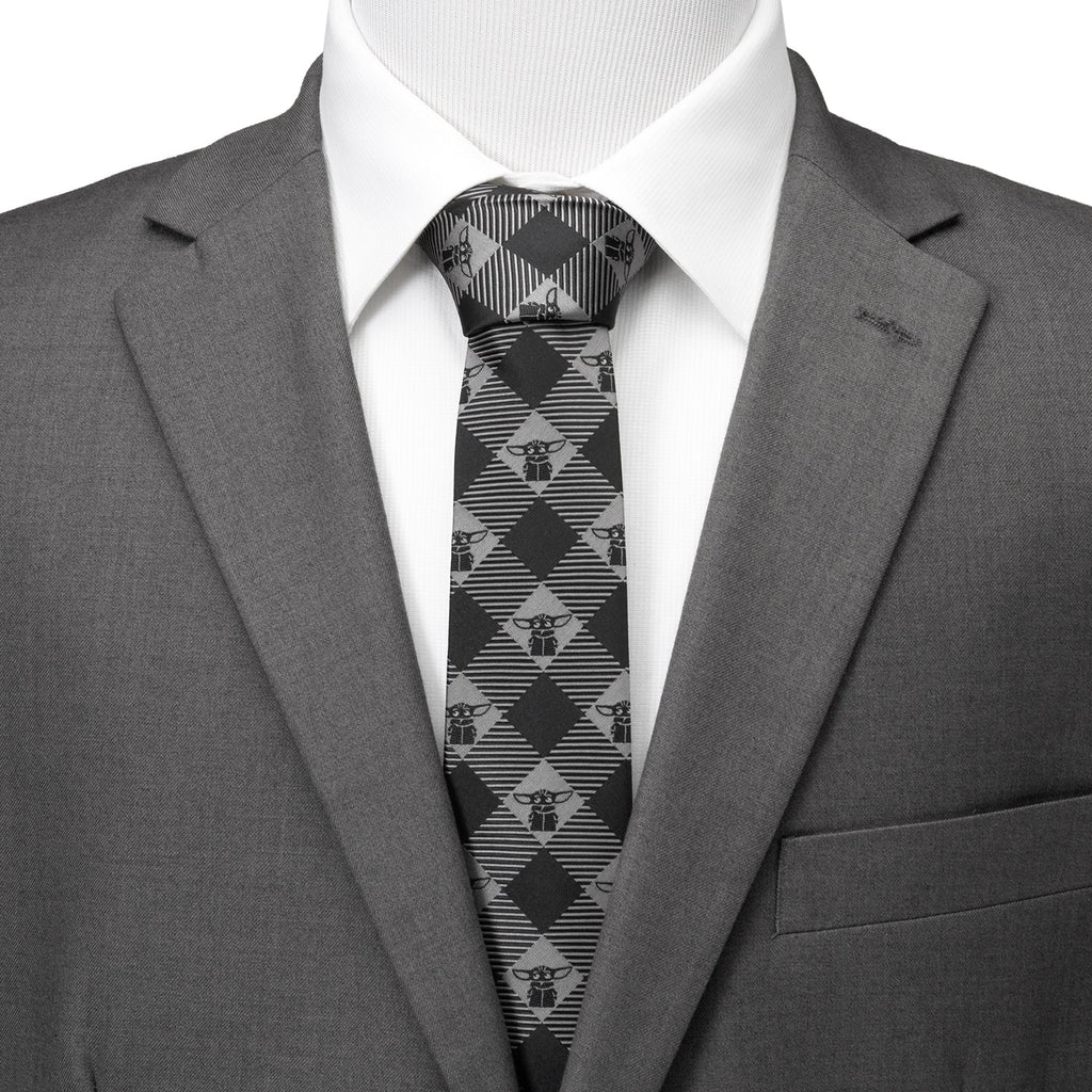 Star Wars Grogu Black and Silver Gray Plaid Pattern Tie - Image 2