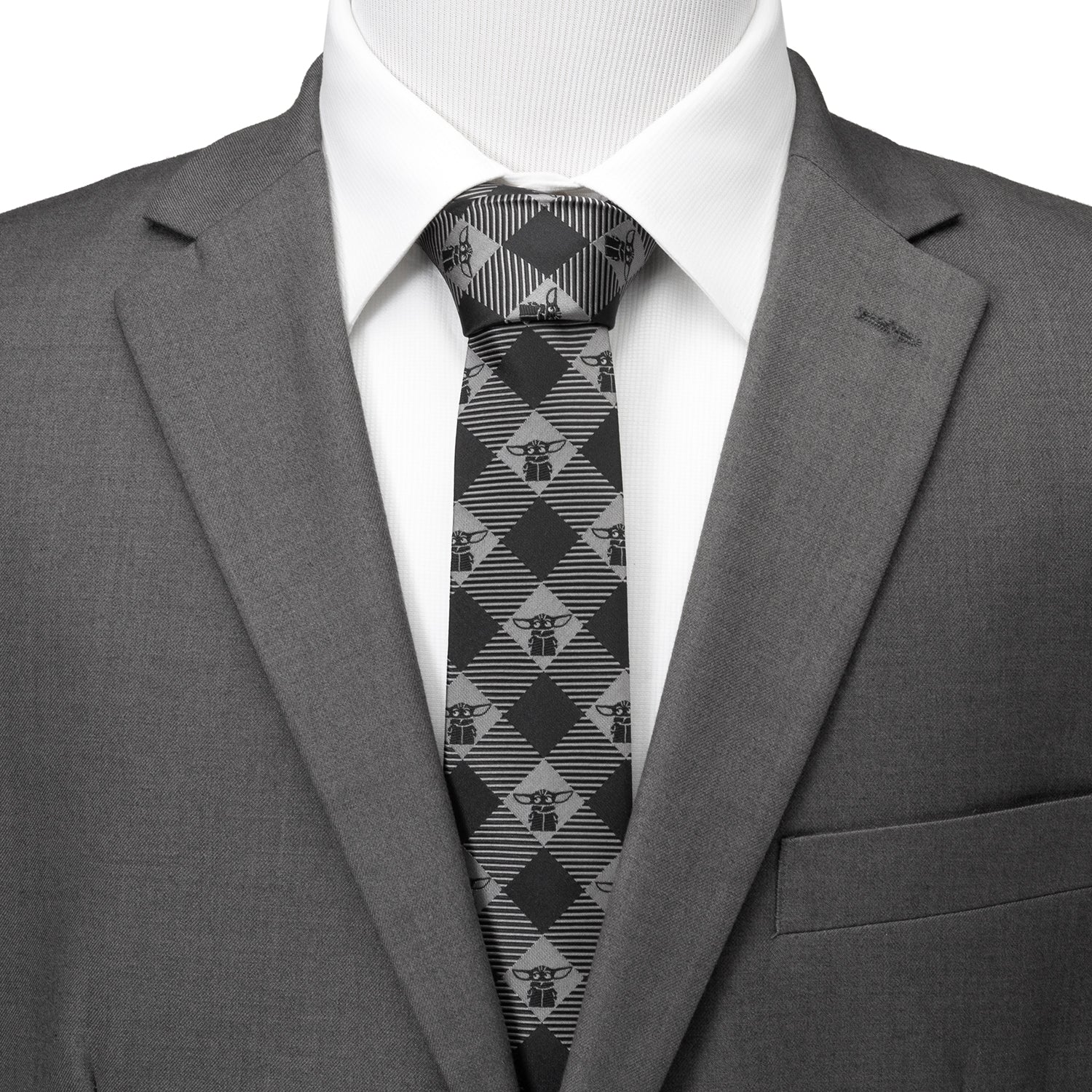 Star Wars Grogu Black and Silver Gray Plaid Pattern Tie - Image 2
