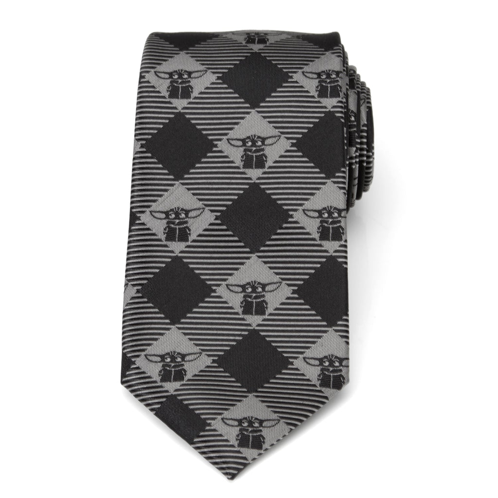 Star Wars Grogu Black and Silver Gray Plaid Pattern Tie - Image 3