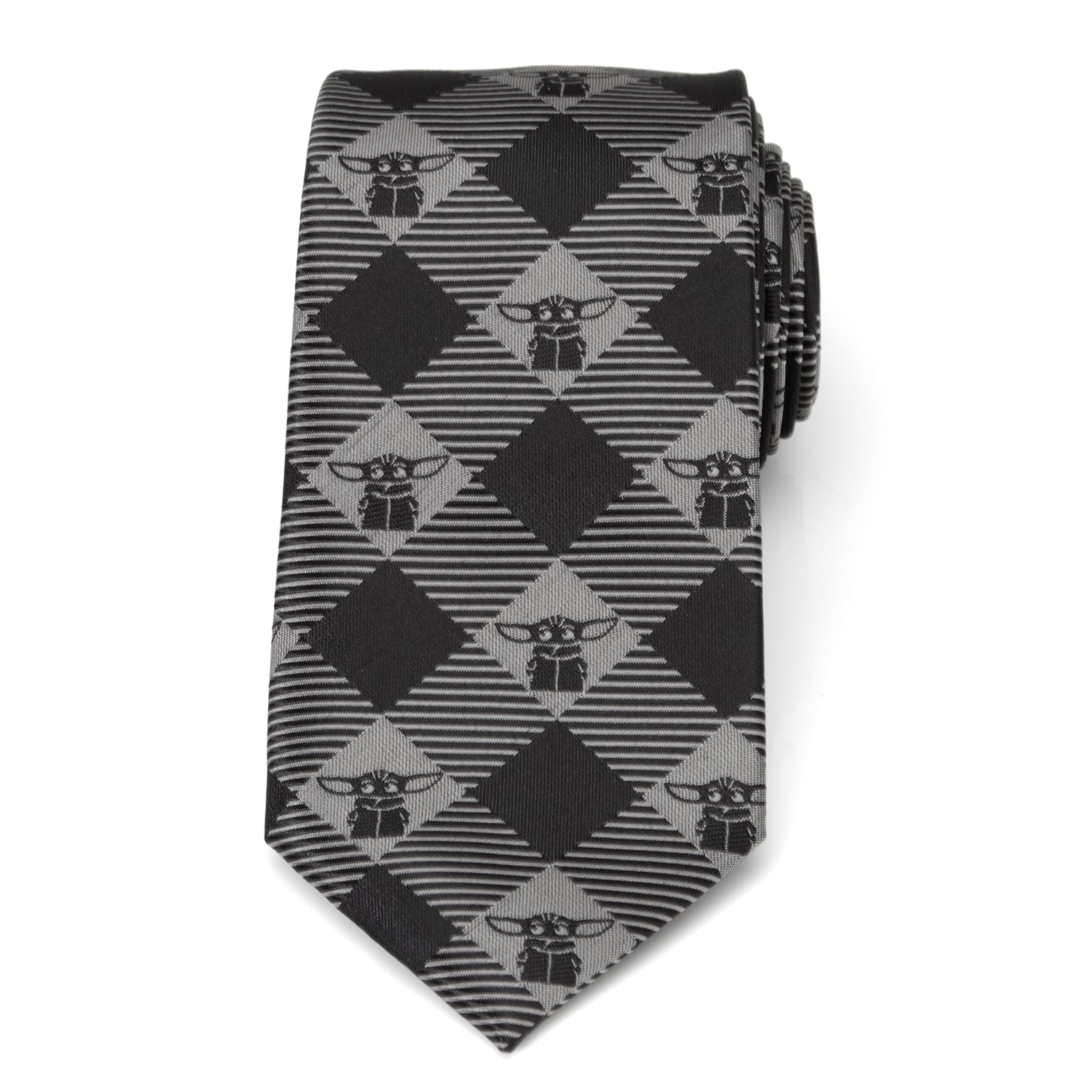 Star Wars Grogu Black and Silver Gray Plaid Pattern Tie - Image 3
