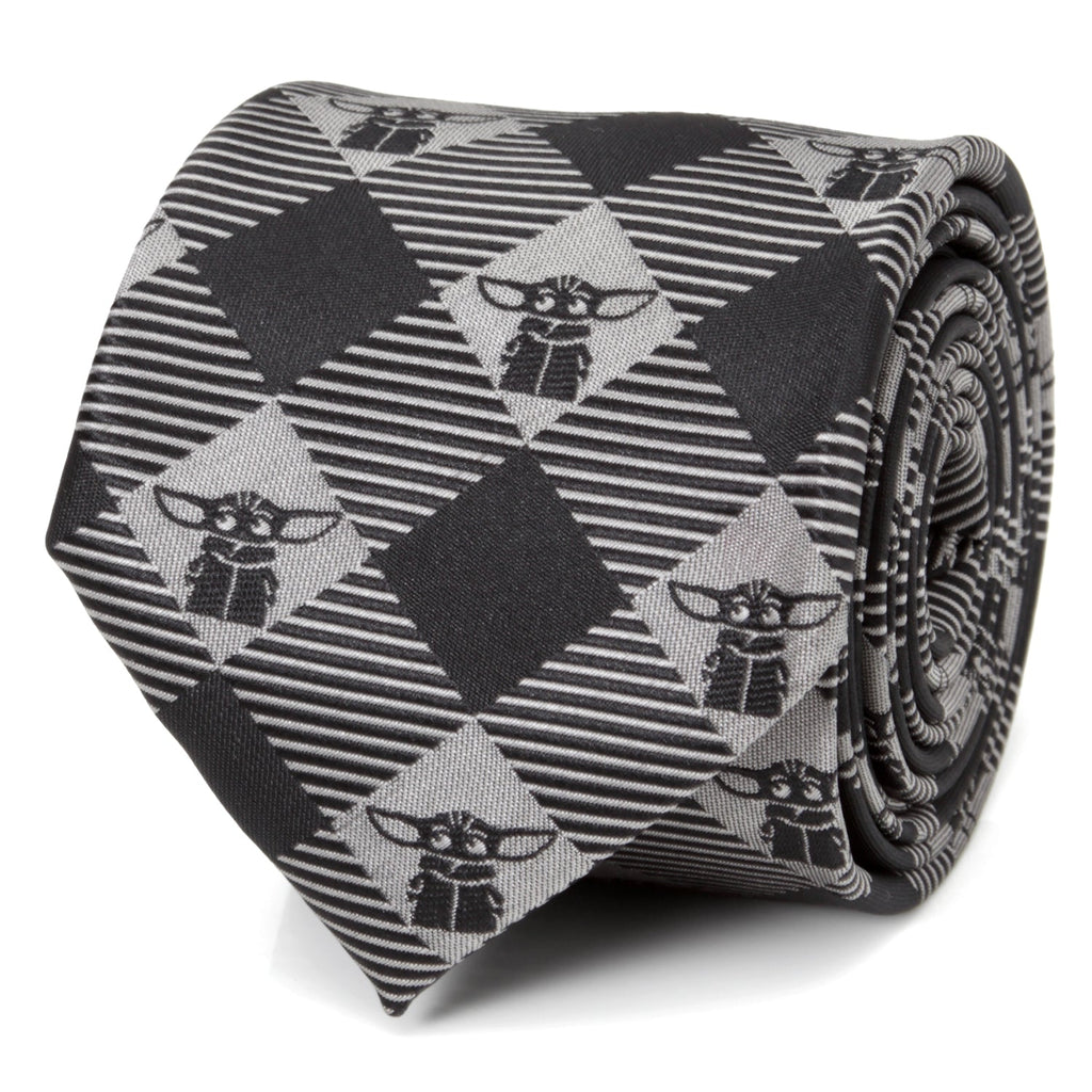 A rolled black and silver gray plaid tie featuring small icons of Grogu from The Mandalorian.