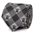 A rolled black and silver gray plaid tie featuring small icons of Grogu from The Mandalorian.