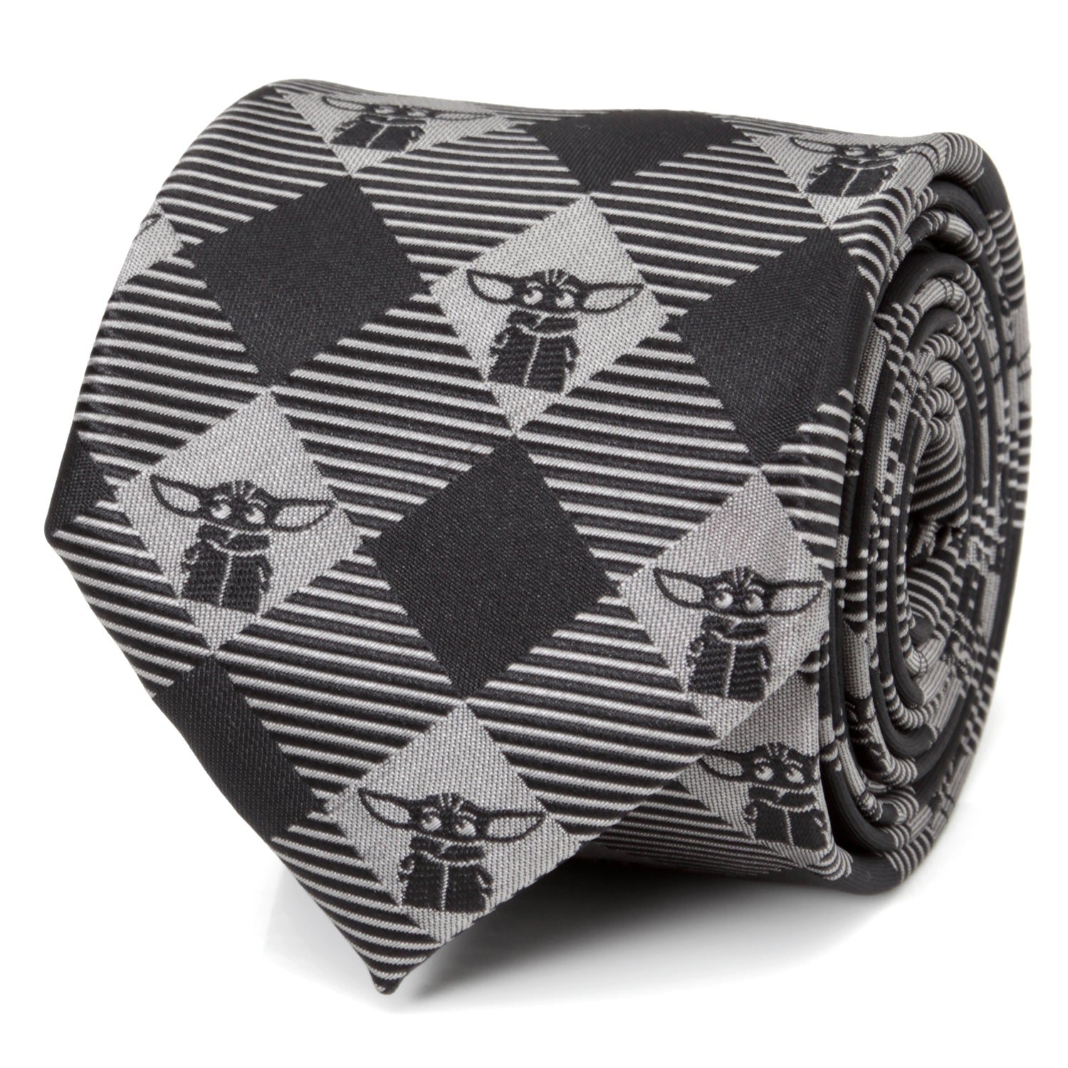 A rolled black and silver gray plaid tie featuring small icons of Grogu from The Mandalorian.