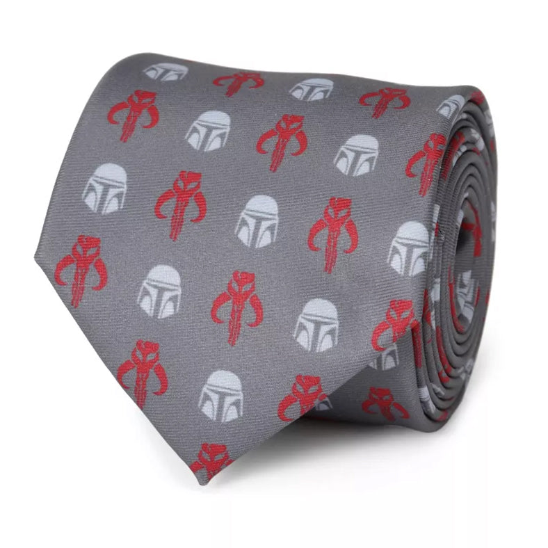 Charcoal gray Star Wars Mandalorian neck tie with red Mythosaur and silver helmet icons