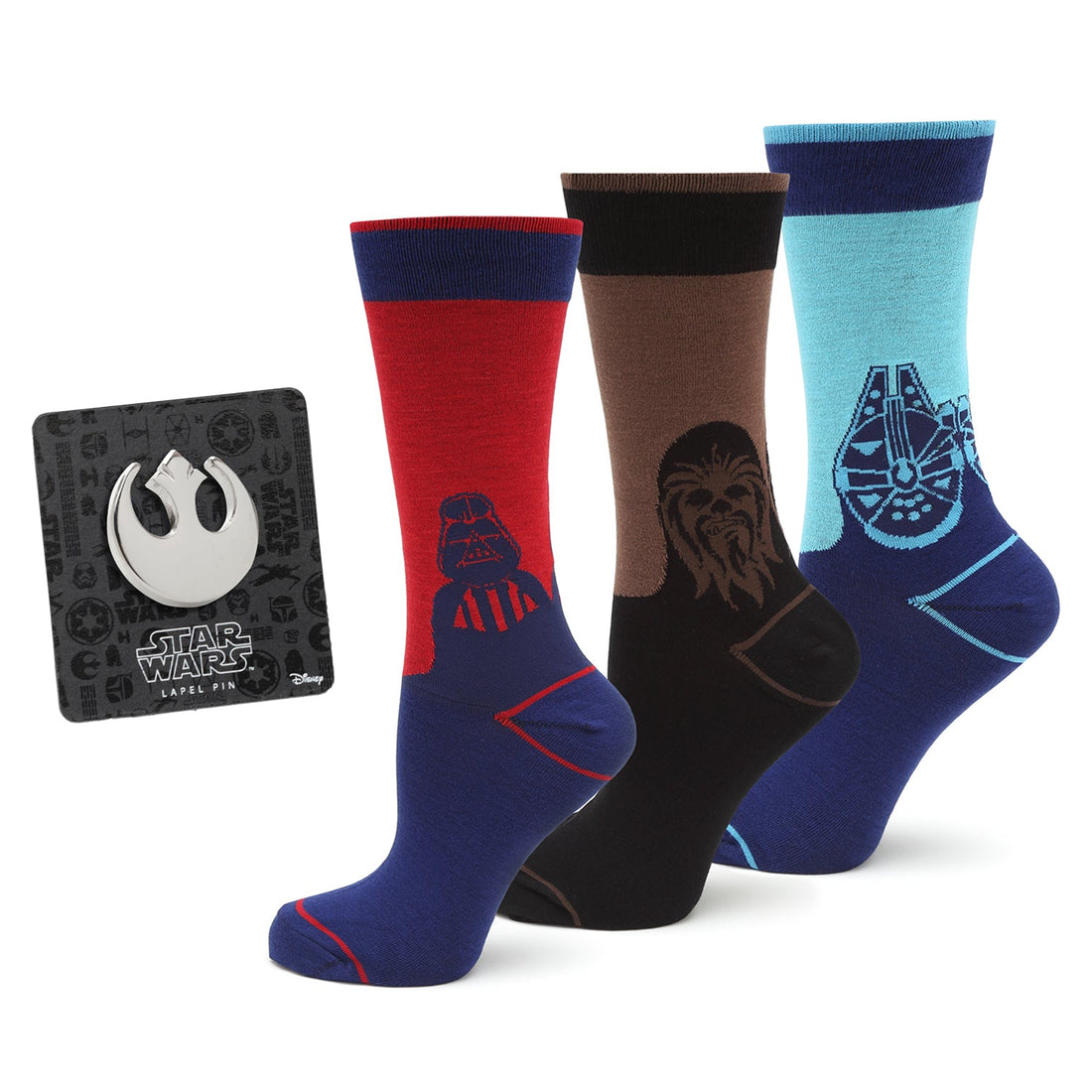 Star Wars gift set featuring three pairs of character crew socks and a silver Rebel Alliance lapel pin.