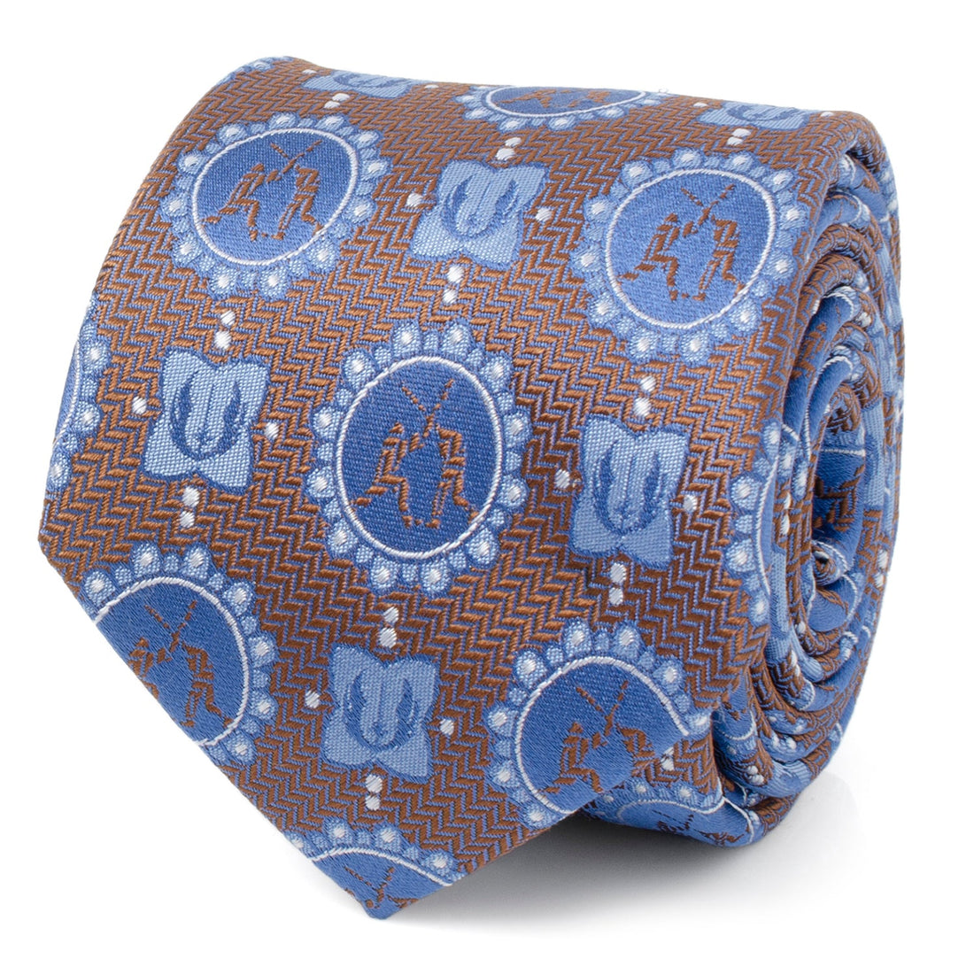 A silk necktie featuring a repeating pattern of Obi-Wan Kenobi and Anakin Skywalker lightsaber duels in blue and brown.