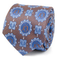A silk necktie featuring a repeating pattern of Obi-Wan Kenobi and Anakin Skywalker lightsaber duels in blue and brown.