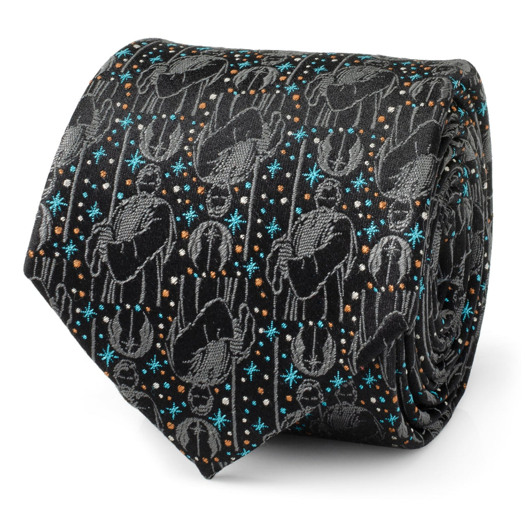 Close up of Star Wars Obi-Wan Kenobi themed silk necktie with grey embroidery, blue stars, and bronze dots on a black background