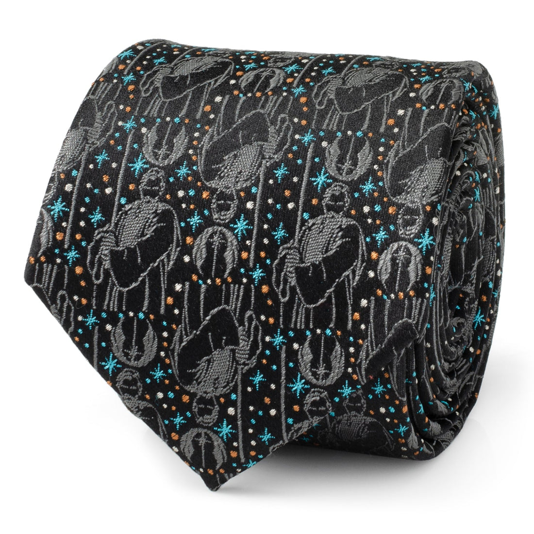 Close up of Star Wars Obi-Wan Kenobi themed silk necktie with grey embroidery, blue stars, and bronze dots on a black background