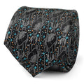 Close up of Star Wars Obi-Wan Kenobi themed silk necktie with grey embroidery, blue stars, and bronze dots on a black background