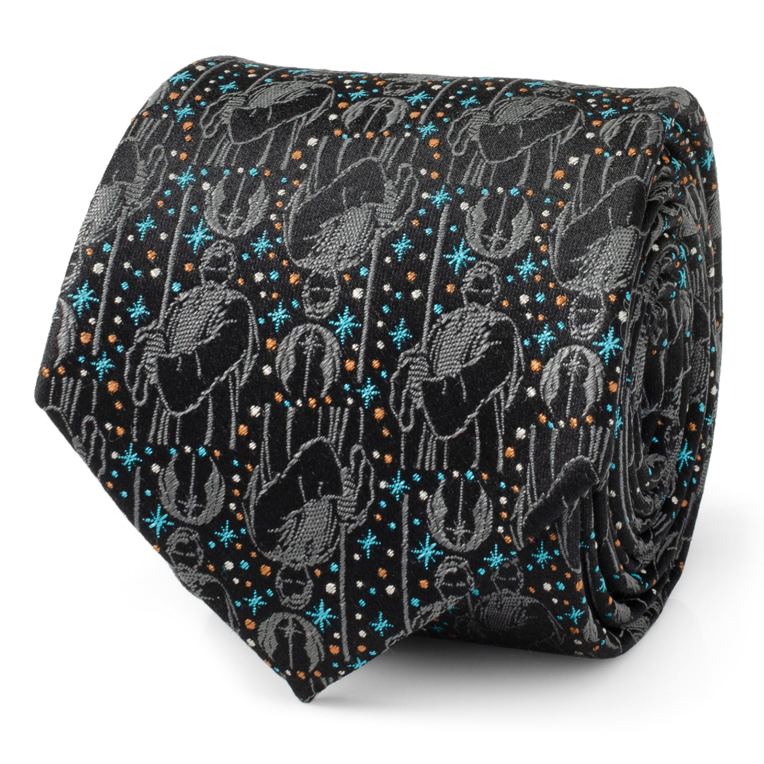 Close up of Star Wars Obi-Wan Kenobi themed silk necktie with grey embroidery, blue stars, and bronze dots on a black background