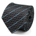 A black silk necktie featuring a repeating tonal pattern of Obi-Wan Kenobi and blue diagonal lightsaber stripes.
