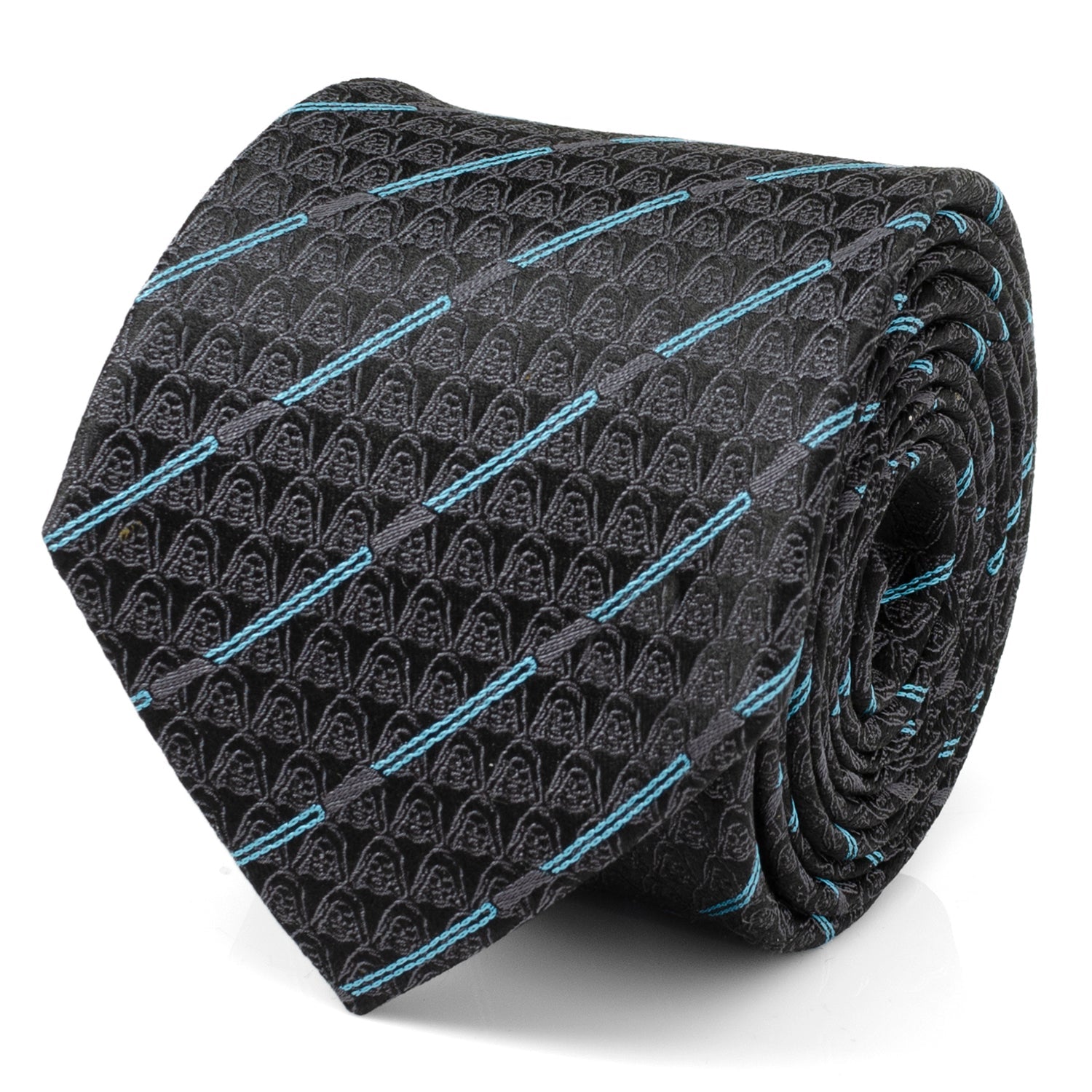 A black silk necktie featuring a repeating tonal pattern of Obi-Wan Kenobi and blue diagonal lightsaber stripes.