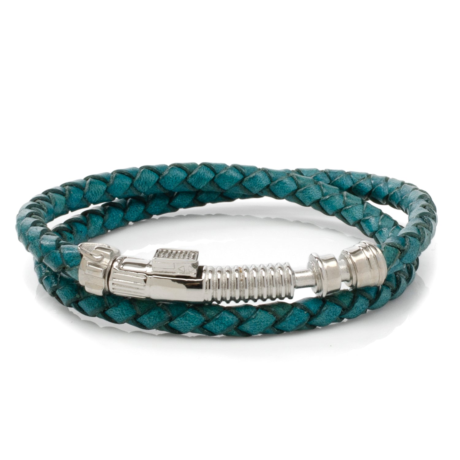 Blue braided leather bracelet with a stainless steel Obi-Wan Kenobi lightsaber hilt clasp
