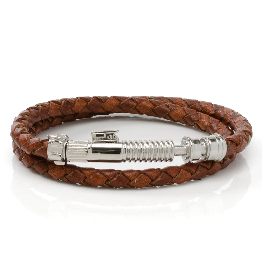 Obi-Wan Kenobi Star Wars lightsaber-themed bracelet with braided brown leather and a silver-tone metal clasp.