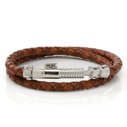 Obi-Wan Kenobi Star Wars lightsaber-themed bracelet with braided brown leather and a silver-tone metal clasp.