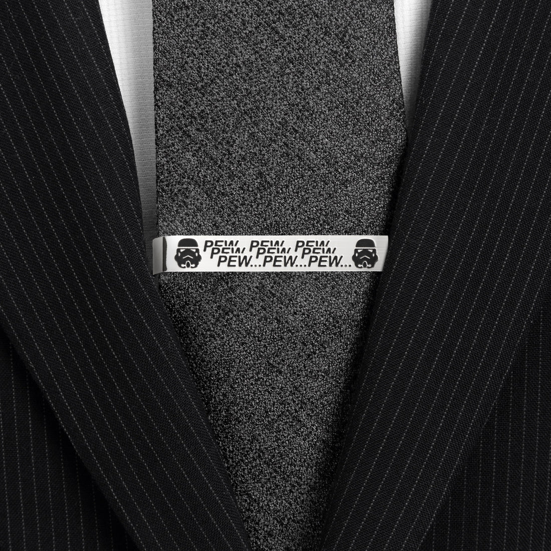 Star Wars Stormtrooper Pew Pew Pew Silver Black Tie Bar - Image 2