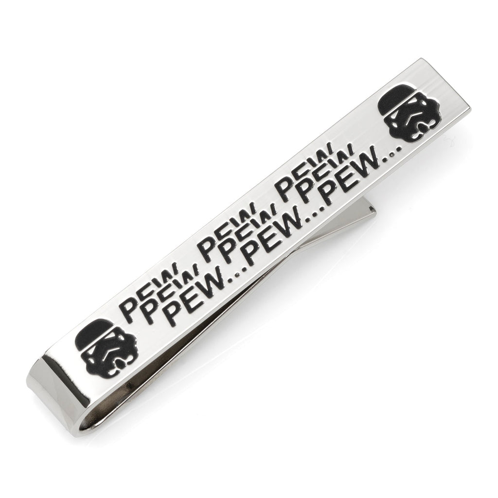 Silver sliding tie bar with black Stormtrooper helmets and repeating 'pew pew pew' text on a white background