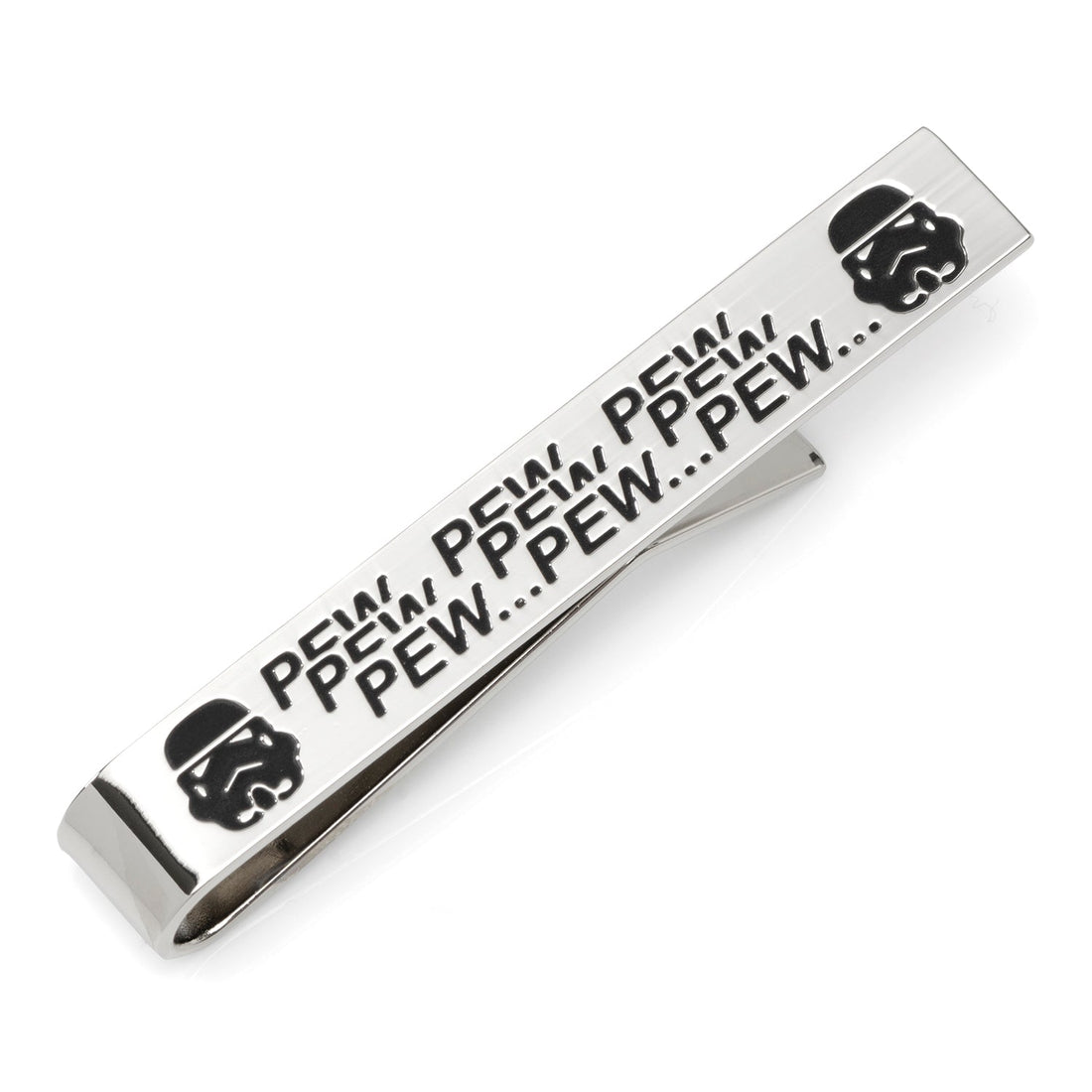 Silver sliding tie bar with black Stormtrooper helmets and repeating 'pew pew pew' text on a white background