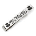 Silver sliding tie bar with black Stormtrooper helmets and repeating 'pew pew pew' text on a white background