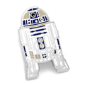 Close up of a blue and white enamel R2-D2 Star Wars lapel pin on a white background
