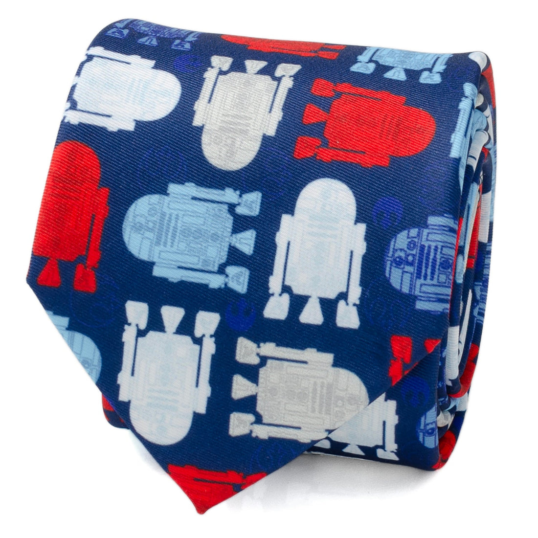 Close up of a navy blue necktie featuring a repeating R2-D2 pattern in white, blue, and red.