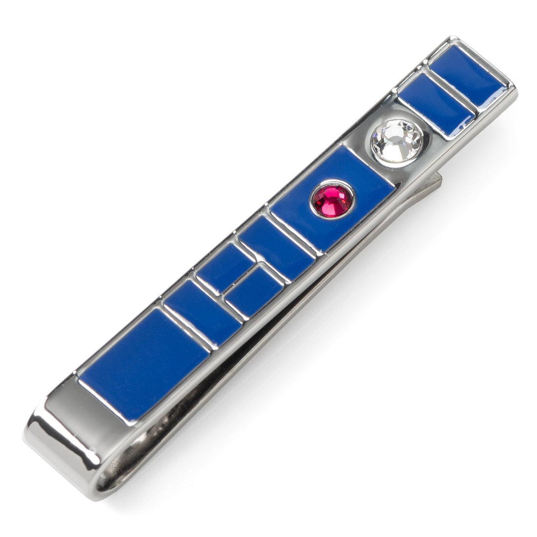 Side view of a silver-tone Star Wars R2-D2 tie bar with blue enamel inlay and red and clear stones.