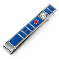 Side view of a silver-tone Star Wars R2-D2 tie bar with blue enamel inlay and red and clear stones.
