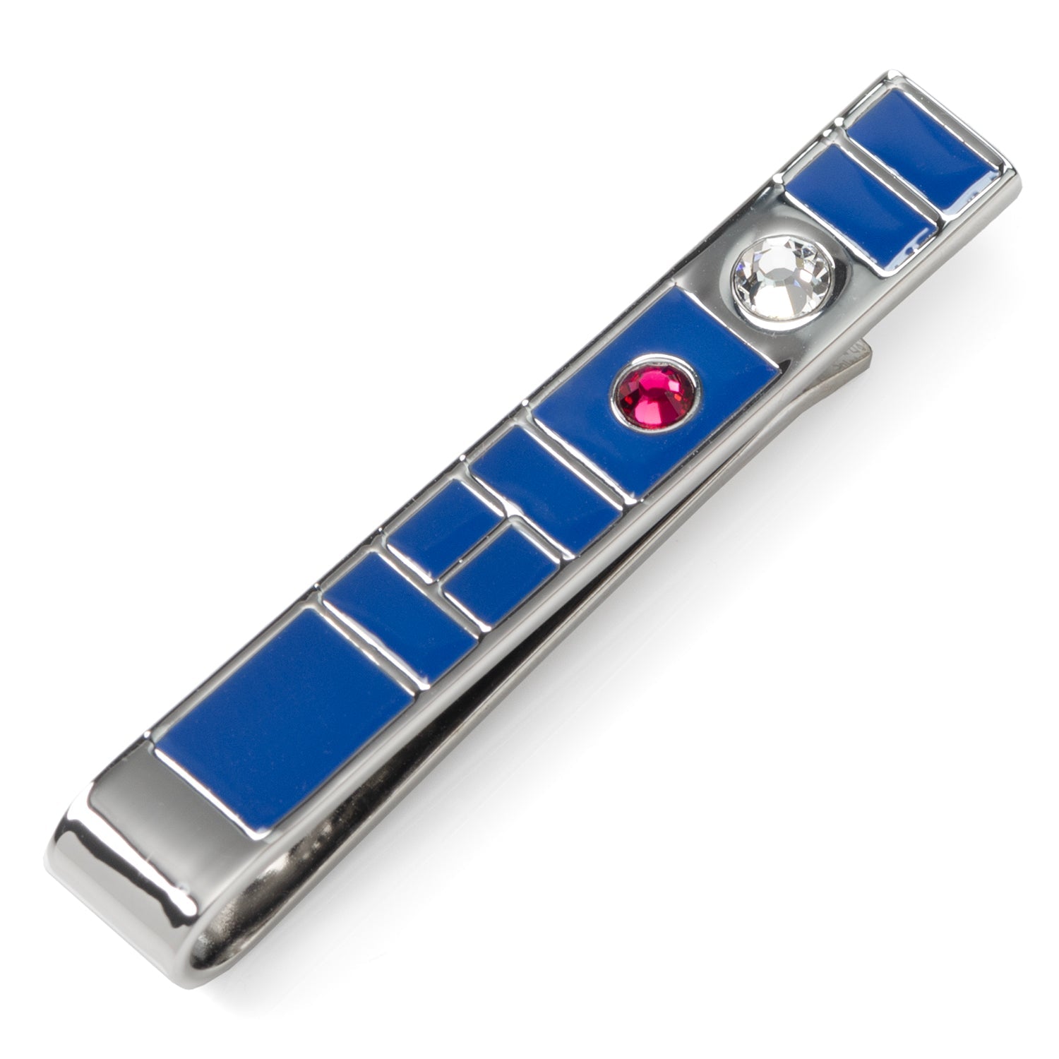 Side view of a silver-tone Star Wars R2-D2 tie bar with blue enamel inlay and red and clear stones.