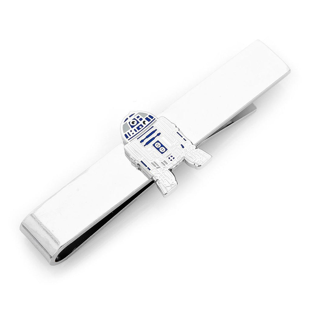 Silver-tone Star Wars R2-D2 sliding tie bar clipped onto a navy patterned necktie.