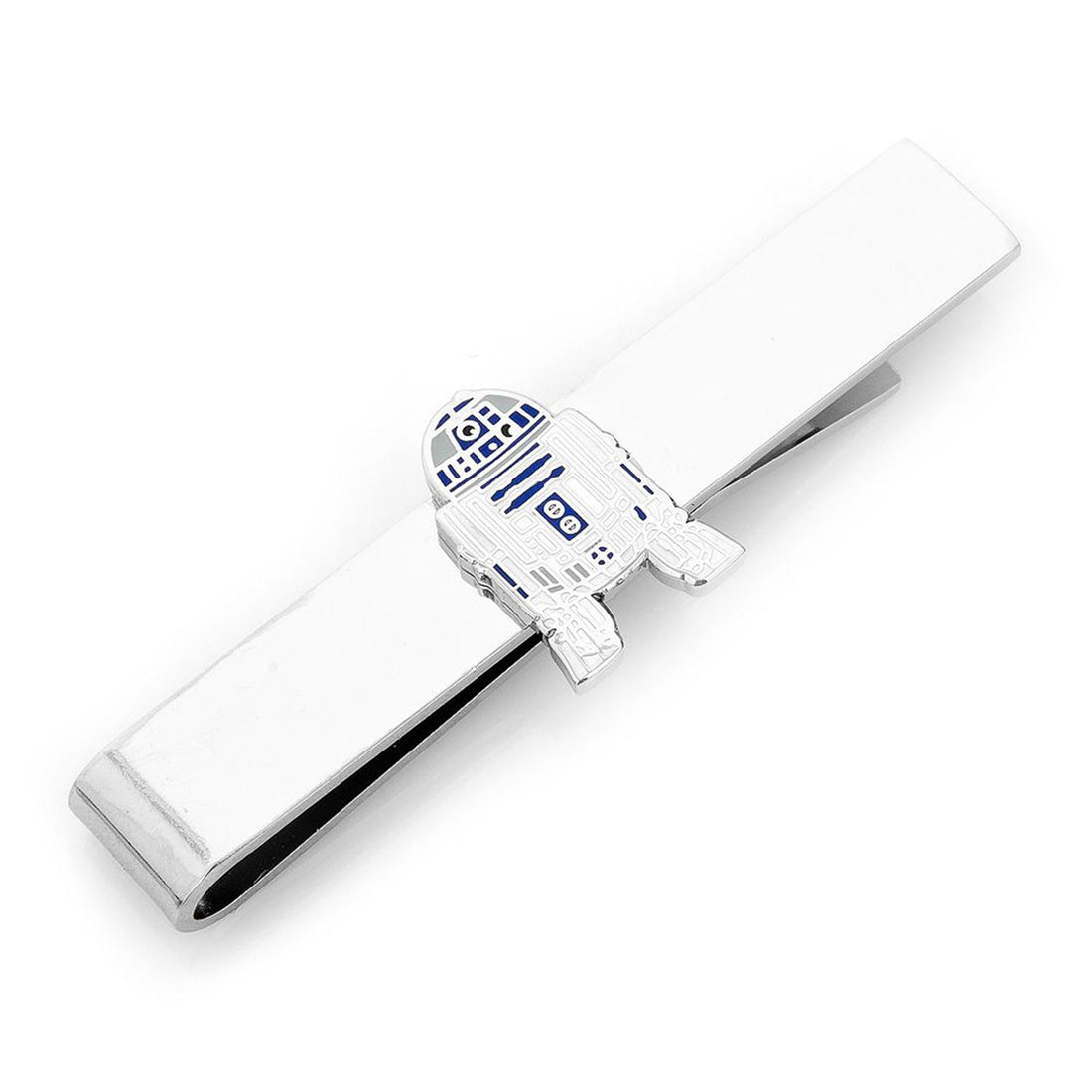 Silver-tone Star Wars R2-D2 sliding tie bar clipped onto a navy patterned necktie.