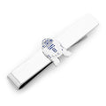 Silver-tone Star Wars R2-D2 sliding tie bar clipped onto a navy patterned necktie.