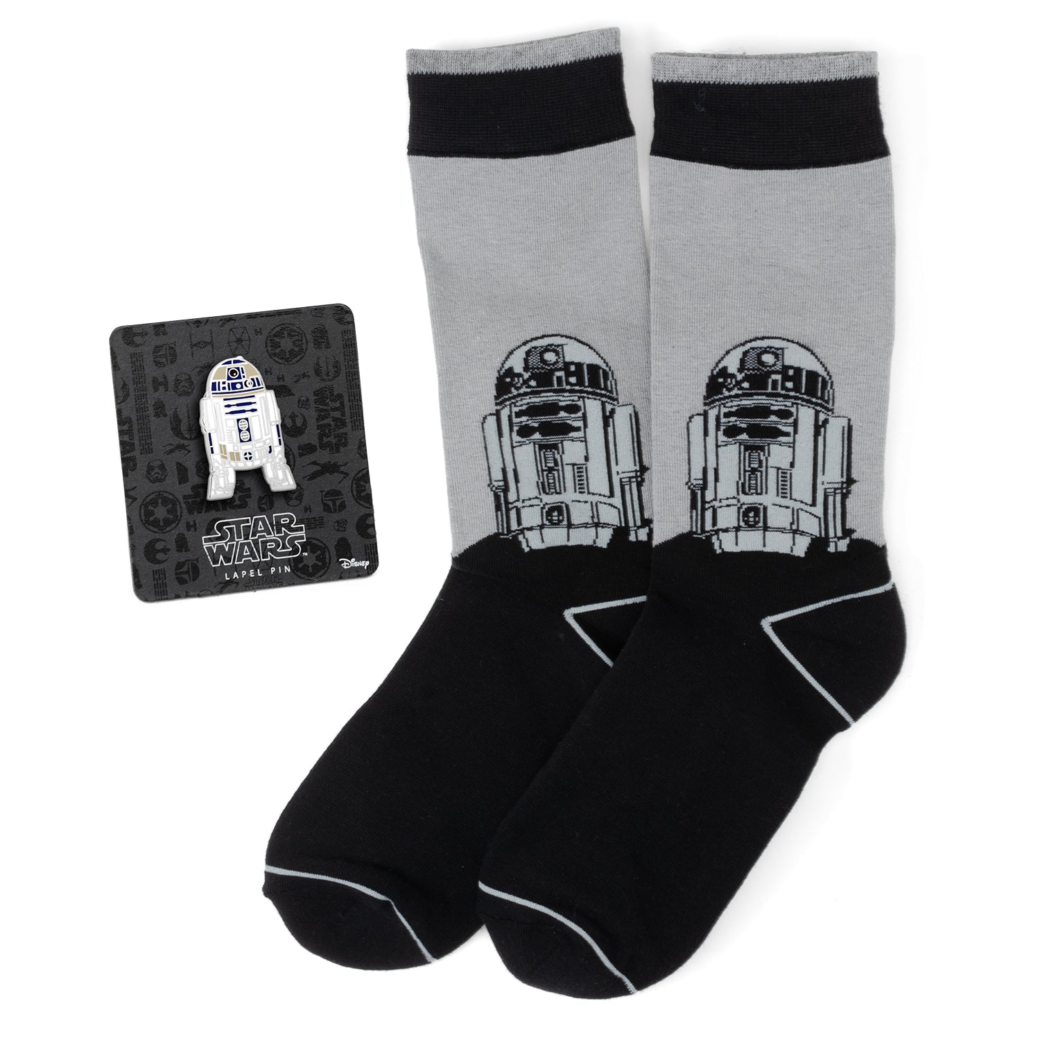 A gift set containing gray and black Star Wars R2-D2 themed crew socks and a matching R2-D2 lapel pin.