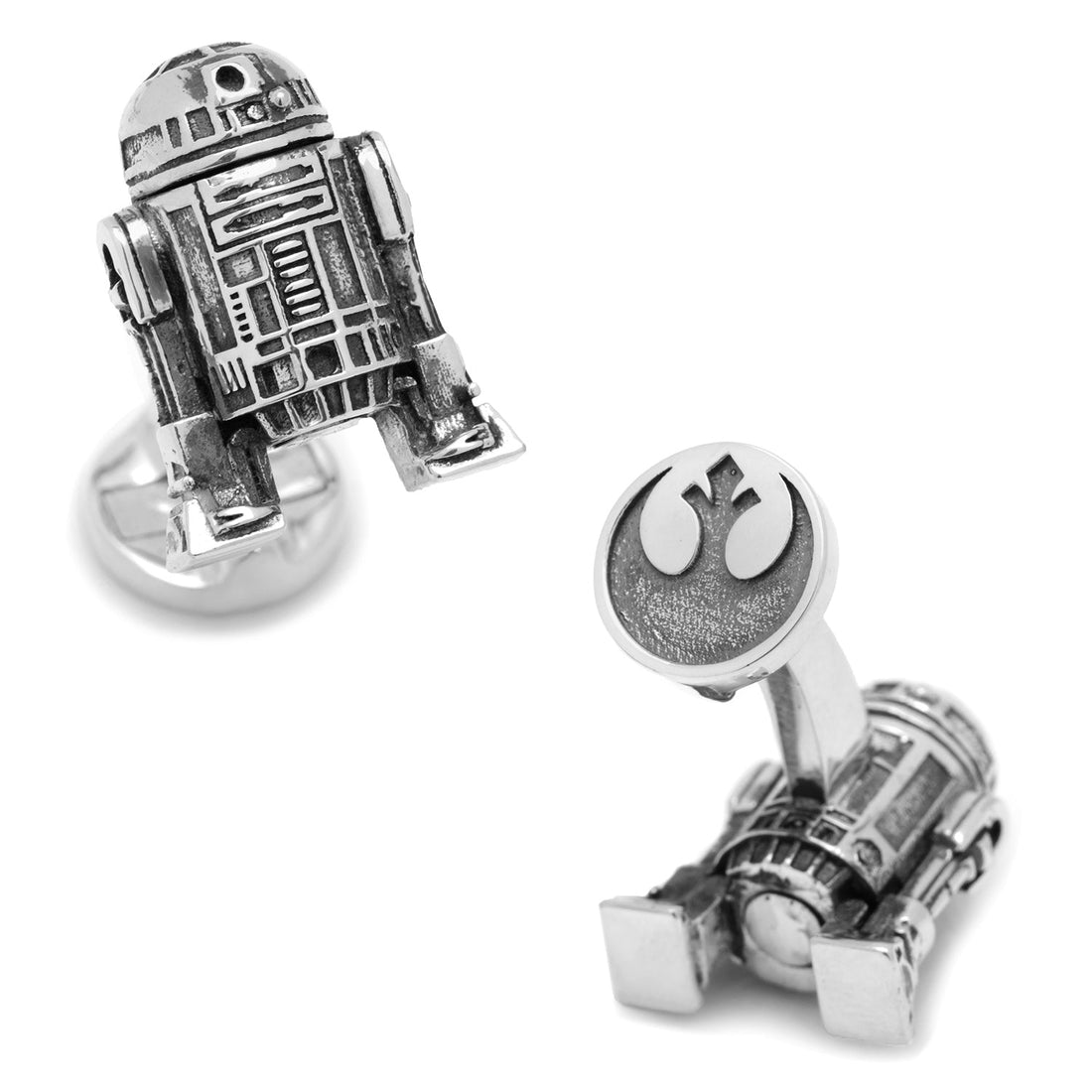 A pair of 3D Star Wars R2-D2 silver tone cufflinks shown from the front and back with swivel head detail.