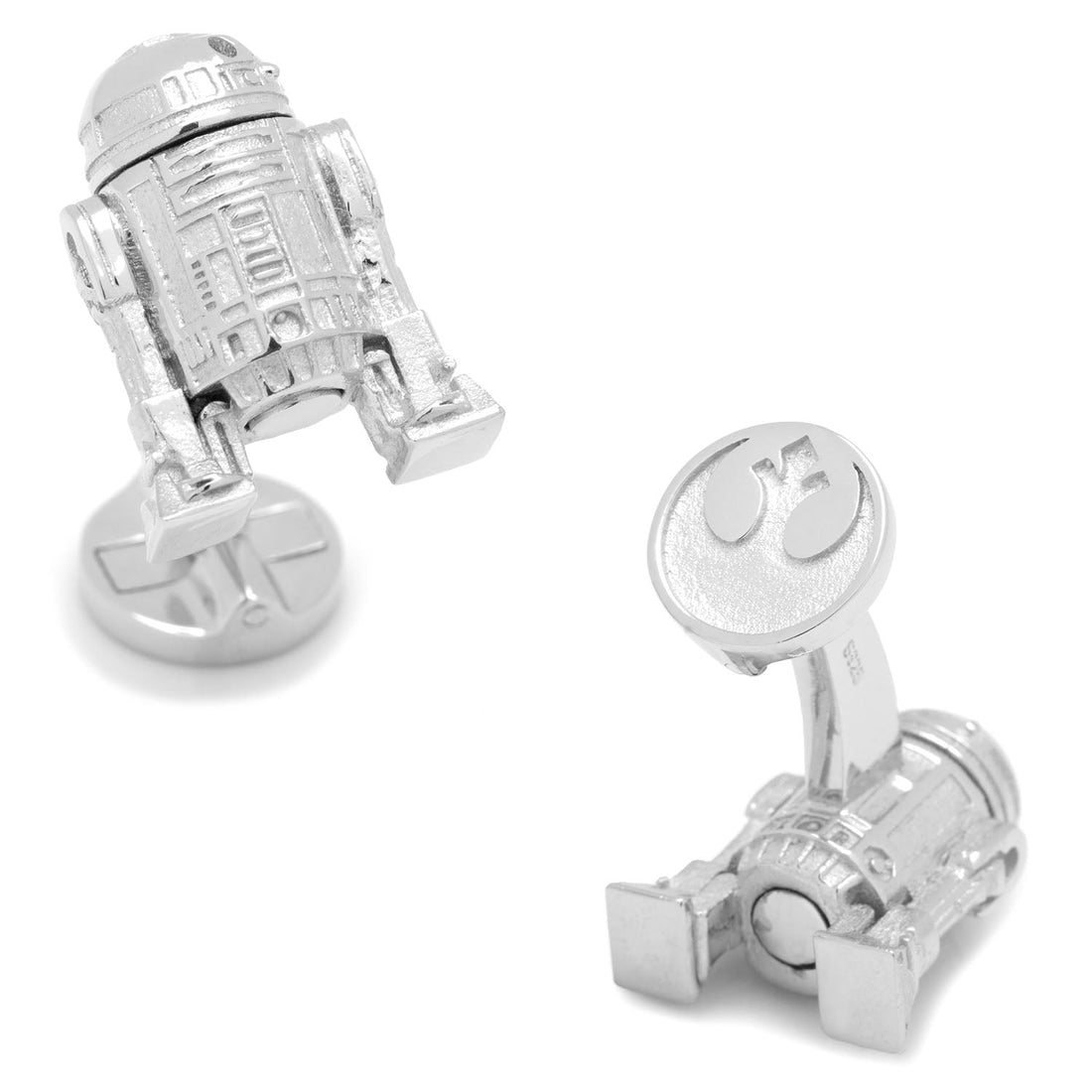 A pair of 3D Star Wars R2-D2 character cufflinks made of polished sterling silver with a swivel back.