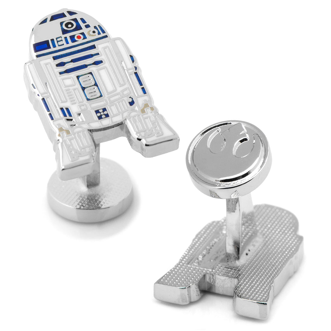 A pair of silver-toned Star Wars R2-D2 enamel cufflinks featuring blue and white detailing.